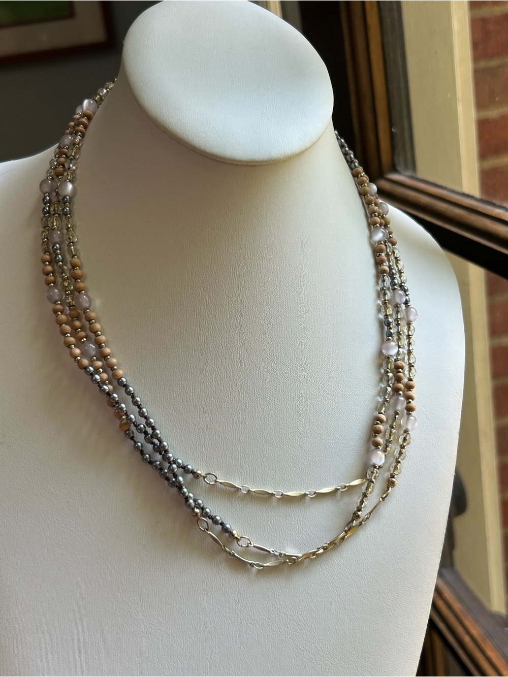 LOFT Multi-Strand Gray, Gold & Silver Beaded Necklace